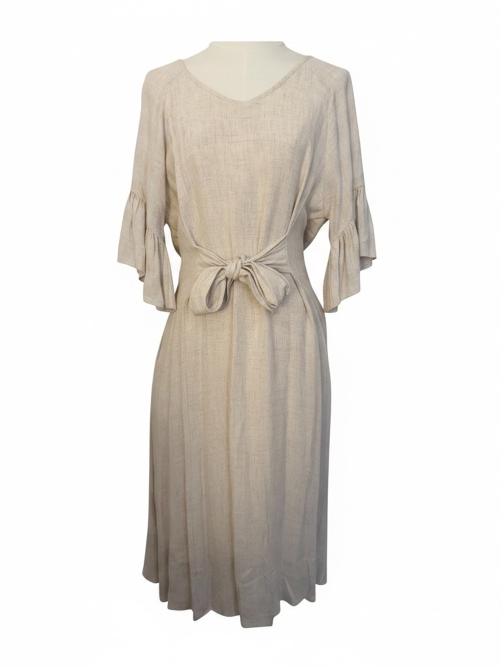 Saints & Hearts Neutral Tie-Waist Linen-Blend Dress in Natural